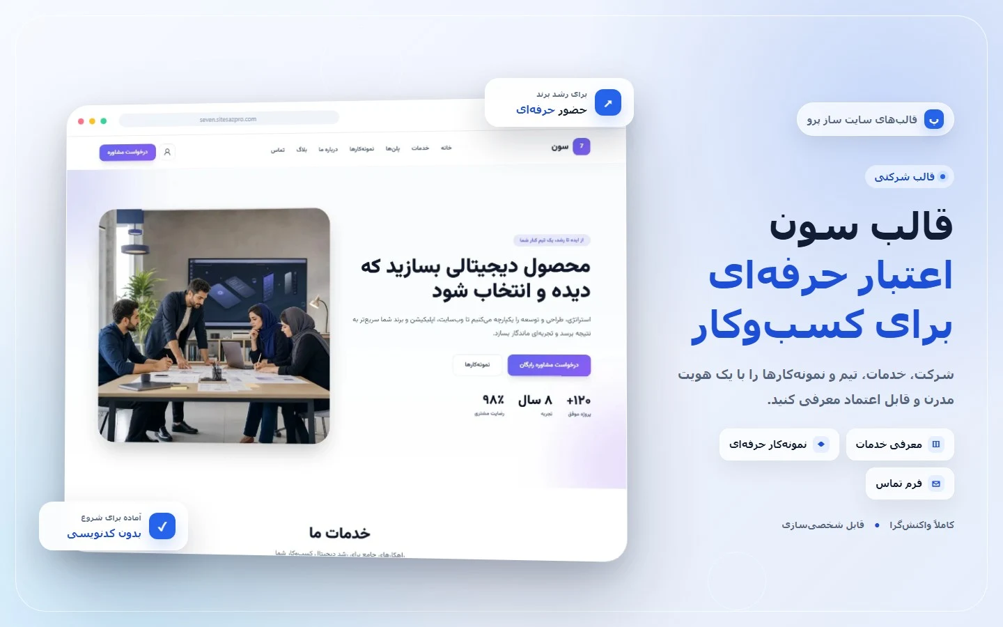 کاور قالب شرکتی سون برای معرفی خدمات، تیم، نمونه‌کارها و فرم تماس